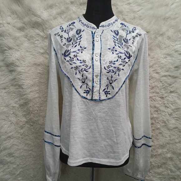 Free People Women's Ivory Blue Western Embroidered Top Size S - Picture 1 of 10